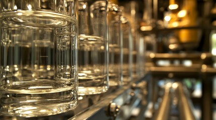 Manufacturing process of glass bottles in a factory industrial setting close-up view for beverage packaging