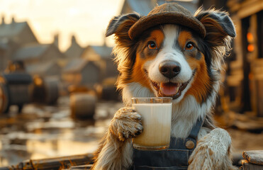 Happy dog enjoying a drink in a rustic setting. A playful dog wearing a hat holds a glass of drink, surrounded by a quaint village at sunset.