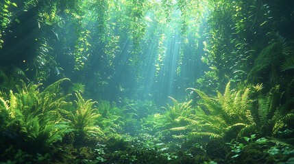 Sunbeams illuminate lush green jungle foliage.