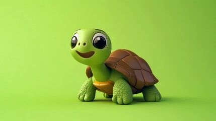 Obraz premium Cute cartoon turtle on a vibrant green background.