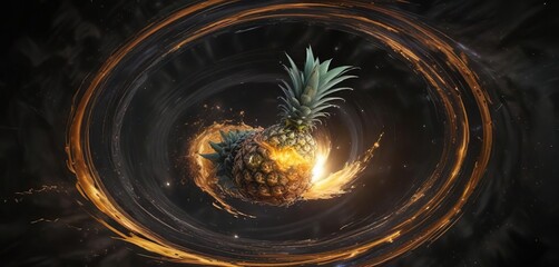 Swirling vortex of space and time around an abstract pineapple within a black hole's gravitational pull, astrophysics, orbital