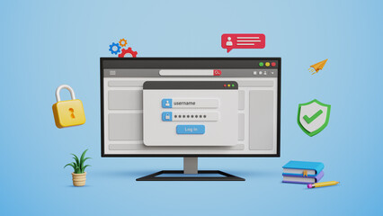 Cyber security, encryption, data protection, secure data privacy. Account login safety. Online authentication concept. User account login page with strong password on a 3D computer