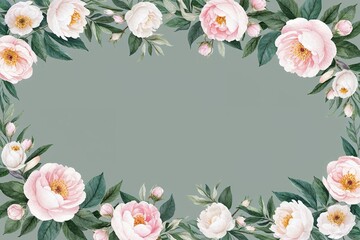 Elegant Watercolor Floral Border with Green Leaves White Flowers Roses and Peonies for Wedding Invitations and Greeting Cards