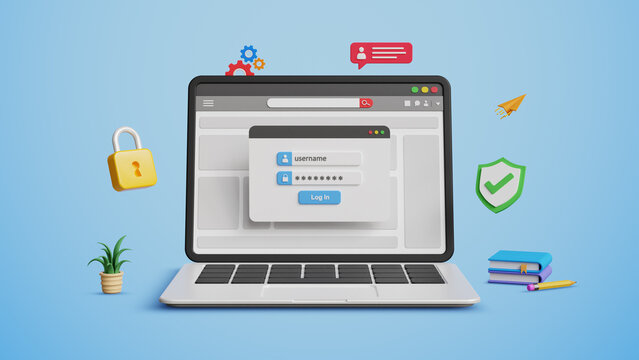 Cyber security, encryption, data protection, secure data privacy. Account login safety. Online authentication concept. User account login page with strong password on a 3D laptop