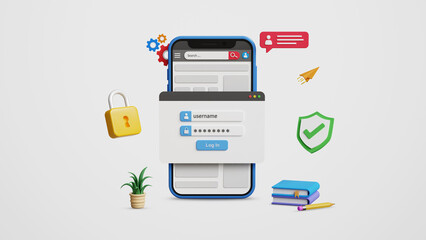 Cyber security concept. Web page login, secure access to user's personal information, data protection and secured internet access. Login page with username and password on a 3D smartphone
