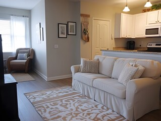 Fototapeta premium Cozy living room with a white couch, decorative pillows, and a warm atmosphere.