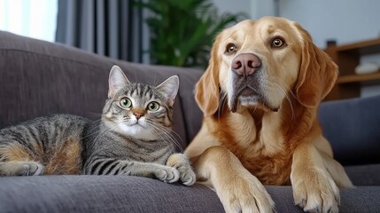 A playful cat and a loyal dog relax together on a couch, showcasing their friendship in a cozy living room setting.