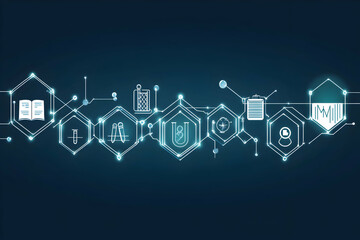 Fototapeta premium Abstract illustration depicting interconnected scientific concepts; hexagonal network showcasing research, innovation, and technology.