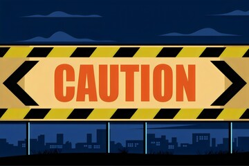 caution tape stretches across a dark, cityscape background, warning of potential danger or restricted access. Ideal for safety, warning, and urban themes.