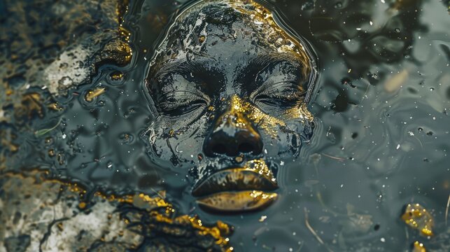 close-up on a puddle, realistic photography, seen from above, the transparent reflection of the face of a queen Mami Wata in a puddle, 8k resolution, very dynamic composition