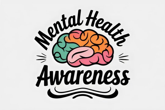 A colorful illustration of a brain with the words MENTAL HEALTH AWARENESS text. brain is divided into green, yellow, red and blue sections. Ideal for promoting mental health awareness.
