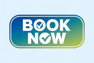 gradient book now button graphic with checkmark icons, on a light blue background. Perfect for banner for travel, booking hotels etc