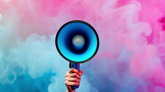 A blue megaphone held by a hand against a colorful smoky background.