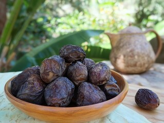 Obraz premium Aromatic Dried Dates in Wooden Bowl, Outdoor Setting, Natural Light Photography