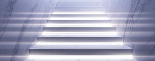 Obraz premium A modern staircase illuminated with soft, glowing light, creating a serene atmosphere.