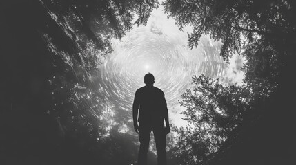 Fototapeta premium A striking silhouette stands before a mesmerizing swirling sky, invoking mystery and exploring perspectives on nature and the cosmos.