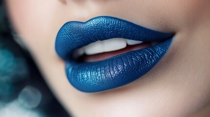 Vibrant close-up of lips adorned with metallic blue lipstick, highlighting texture and shine, ideal for beauty and cosmetic themes.