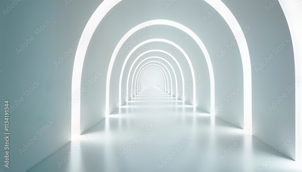 Poster Empty tunnel of light. Modern architecture. Bright white walls with arched shapes. Light beams create path. Modern design. Abstract shape. Empty space. Clean lines. Empty interior. Contemporary style.