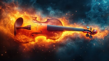 Fiery violin engulfed in flames and smoke.