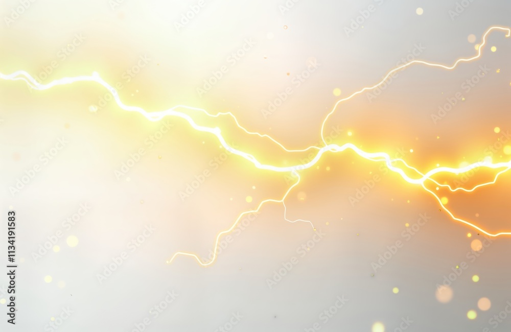 Poster Abstract graphic design of lightning bolt. Bright yellow, white lightning lines against pale background. Soft glowing particles create dynamic energy effect. Suitable for tech sci-fi projects.