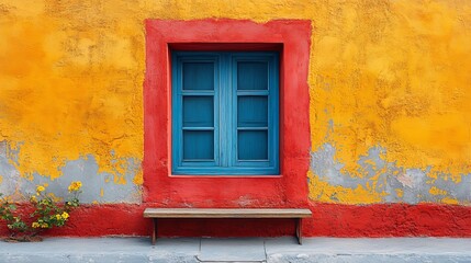 Brightly painted wall with blue window, featuring a weathered wooden bench and small plant for rustic charm.