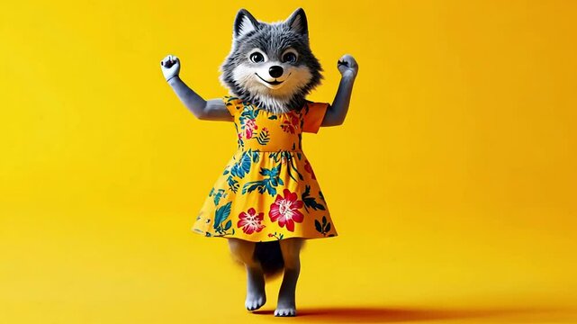 A cheerful grey wolf wearing a yellow floral dress poses on a yellow background.