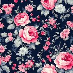 Fotobehang A close-up image of a vibrant floral pattern featuring a variety of colorful dahlias, petals, and leaves. The dahlias are in various shades of orange,  luxurious © AVADA
