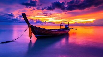 Wooden longtail boat at tranquil beach sunset. Vibrant colors of sunrise or sunset over calm water.