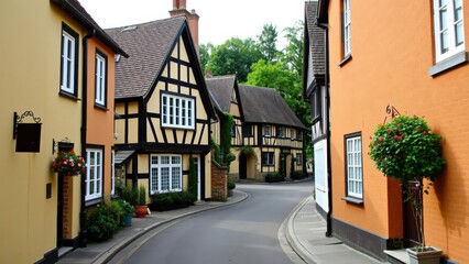 Fototapeta premium Charming English Village Street with Half-Timbered Houses, Perfect for Travel Posters and Greeting Cards