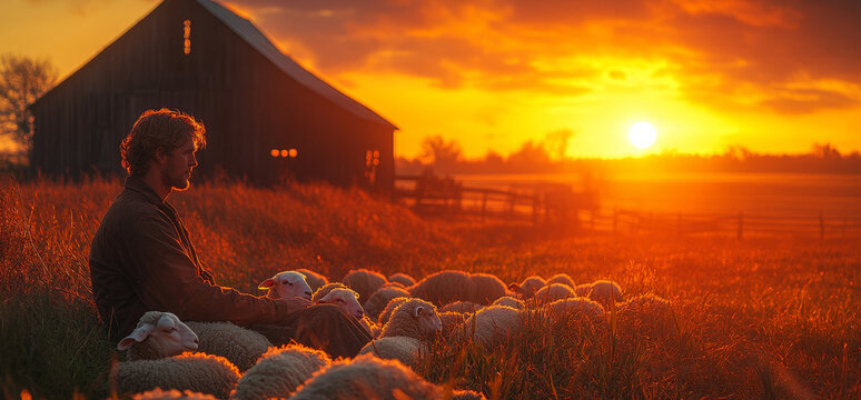 Man tending sheep during a sunset in a field. A man quietly sits among a flock of sheep as the sun sets, illuminating the landscape with warm golden hues.