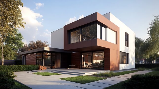 High-definition showcase of a sleek and detailed modern duplex house
