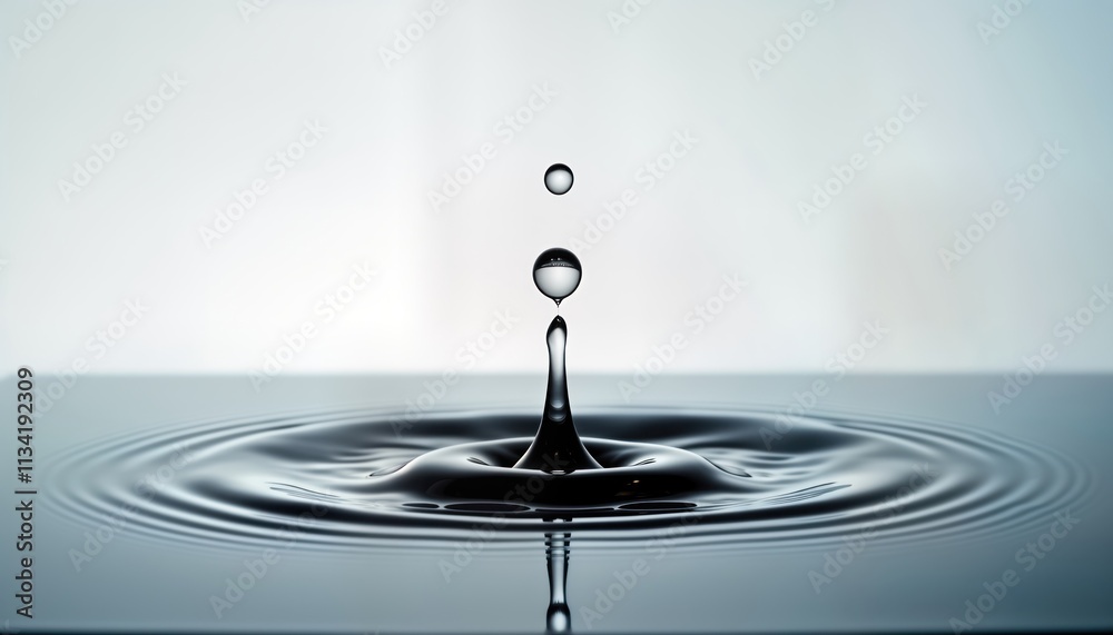 Poster Water drop creates ripples in still water. Water drop splash forms concentric circles. Precise moment of impact creates ripples. Clear water surface. Scientific photo of liquid dynamics.