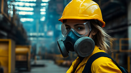 A woman adorned in a vibrant yellow helmet and protective gas mask stands confidently in a hazardous work environment. Her sturdy attire hints at the dangerous nature of her surroundings