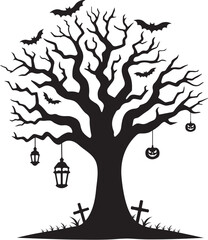Halloween tree silhouette vector, Dry tree without leaf, Scary tree vector art