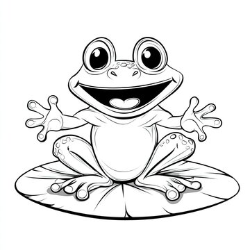 recommend clip art: Cheerful Cartoon Frog on Lily Pad with Outstretched Arms in Black and White Line Art Illustration.