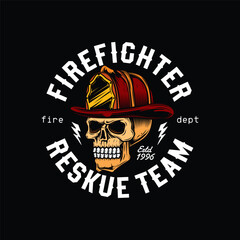 Human skull in a fire helmet. Firefighter. Original vector illustration in vintage style. T-shirt design.