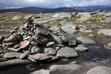Cairn marking the summit of Carn a' choire Bhoidheach - Loch Muick to Lochnagar path - Aberdeenshire - Scotland - UK