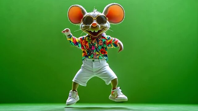 A cool mouse in sunglasses and a colorful shirt is dancing on a green screen.
