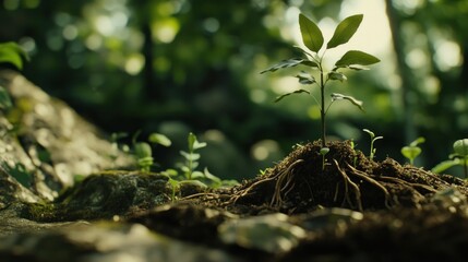 Young sprout emerging from soil on rocks in forest.