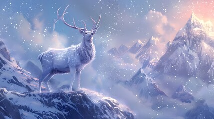 A majestic white deer with perfect antlers, on the mountain and the view of the stars in the beautiful sky