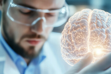 Scientist carefully examines glowing representation of the human brain, showcasing innovation in neuroscience.