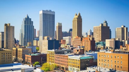 Fototapeta premium The skyline of Downtown Newark, New Jersey, presents a dynamic and evolving urban landscape. Tall skyscrapers and historic buildings rise against the backdrop of a clear blue sky
