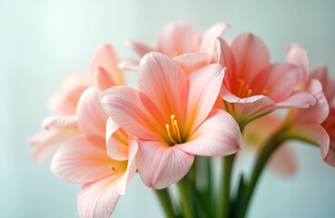 Fototapeta premium Close up view of bunch of light pink flowers. Delicate petals and green stem. Soft lighting and focus on floral details. Perfect for spring theme projects or designs.