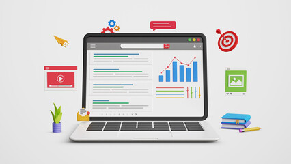 Website SEO ranking, content promotion, search engine optimization, on page ads, improve search result ranking, drive organic traffic. Website ranking and SEO on a 3D laptop