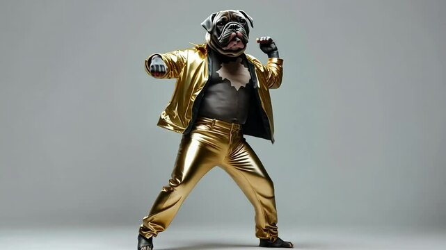 A dog in a gold suit poses for the camera.