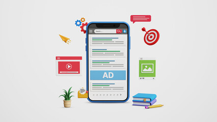 Website SEO ranking, content promotion, search engine optimization, on page ads, improve search result ranking, drive organic traffic. Website ranking and SEO on a 3D smartphone