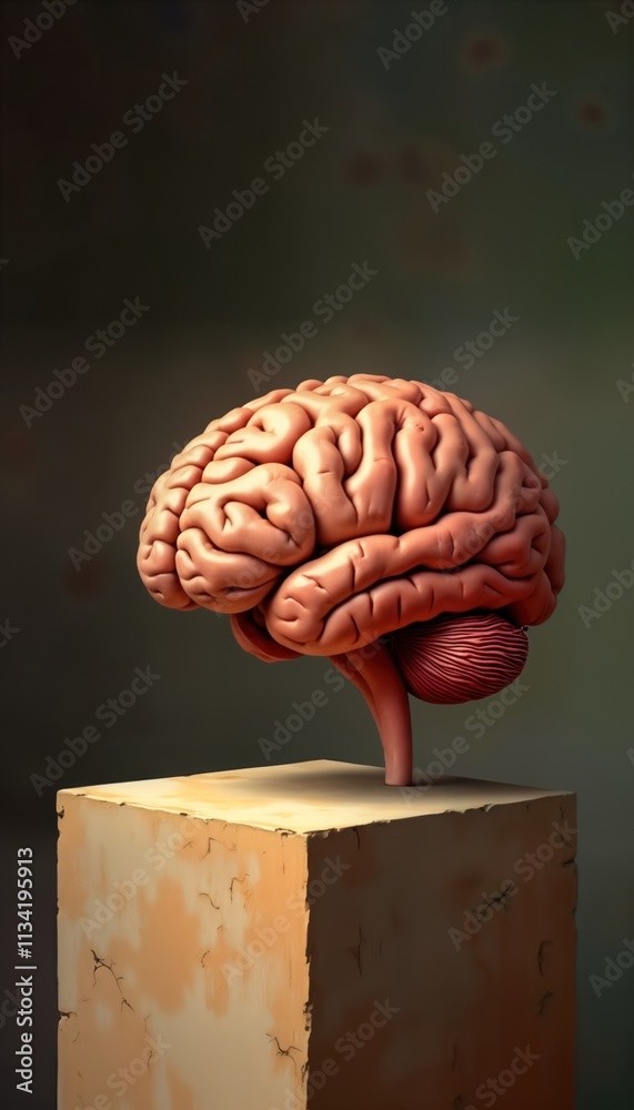 Poster detailed illustration of human brain anatomy. brain structure presented on cube-shaped base. image s