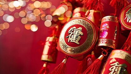Fototapeta premium Vibrant Chinese New Year decorations adorn homes and businesses