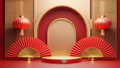 The image presents a 3D-rendered stage or backdrop designed for Chinese New Year celebrations. It features a harmonious blend of traditional Chinese elements with a modern, festive aesthetic
