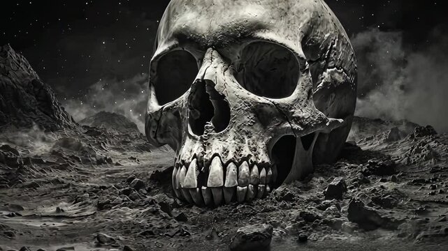 Surreal Landscape with Skull Under Dark Starry Night Sky